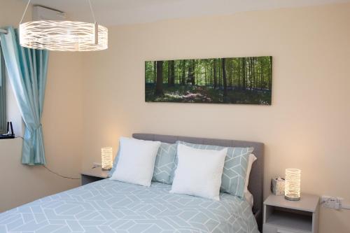 a bedroom with a bed and a painting on the wall at The Dairy Newport, Pembrokeshire in Newport Pembrokeshire