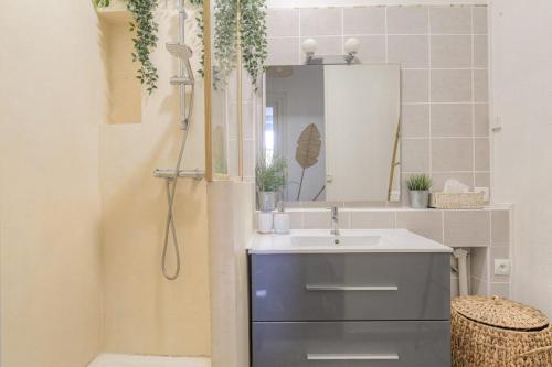 une salle de bain avec un lavabo et une douche avec un miroir dans l'établissement Charmant et Caractère proche Tête d'Or, à Lyon