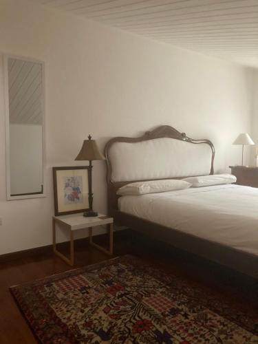 een slaapkamer met een bed en een tafel met een tapijt bij Appartamento in Villa Graziella-Napoleone - Cosy stay in San Donà di Piave