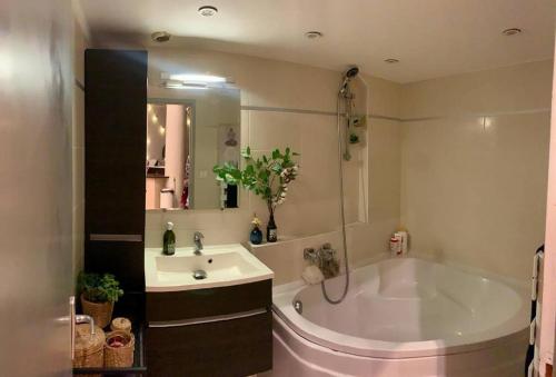een badkamer met een groot bad en een wastafel bij Loft Atypique centre Montpellier in Montpellier