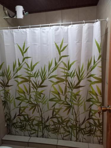 a shower curtain with a plant in a bathroom at Casa el Colibrí in Naranjo