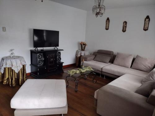 a living room with a couch and a tv at Acogedor Departamento Central in Loja