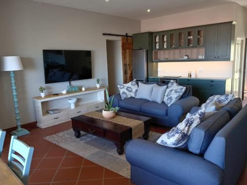 a living room with two blue couches and a tv at LêPlek Guesthouse in Saldanha