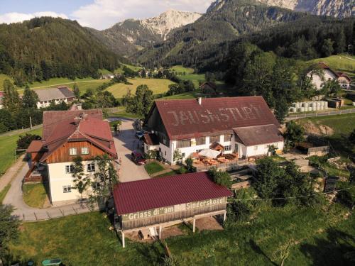 an aerial view of a small village in the mountains at Singerskogel - Ferienhof und Jausnstub`n in Spital am Pyhrn