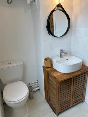 une salle de bain avec toilettes, lavabo et miroir dans l'établissement Studio Malo les bains plage 3eme étage, à Dunkerque
