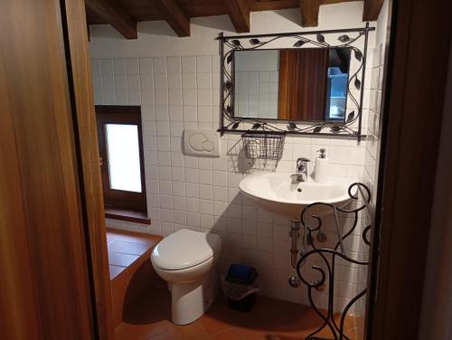 ein Badezimmer mit einem WC, einem Waschbecken und einem Spiegel in der Unterkunft La Finestra Sul Civico Cinque in Verona