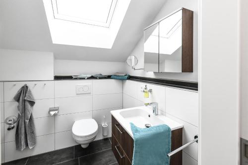 łazienka z umywalką, toaletą i oknem dachowym w obiekcie EntdeckerFERIEN am Bodensee w mieście Friedrichshafen