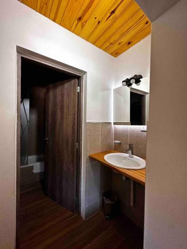 a bathroom with a sink and a wooden door at Departamento con parrilla in San Carlos de Bariloche