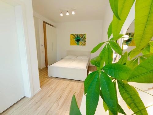 Habitación con cama blanca y planta en Art Penthouse, en Timisoara