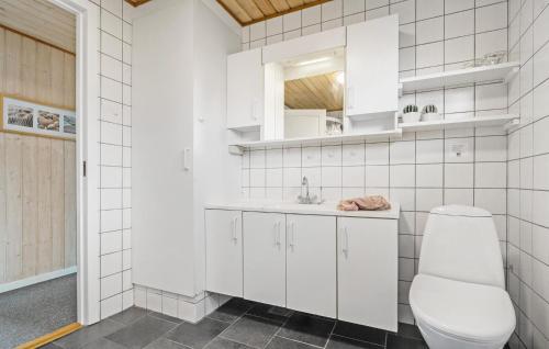 Baño blanco con aseo y lavamanos en Nice Home In Haderslev With Kitchen en Diernæs