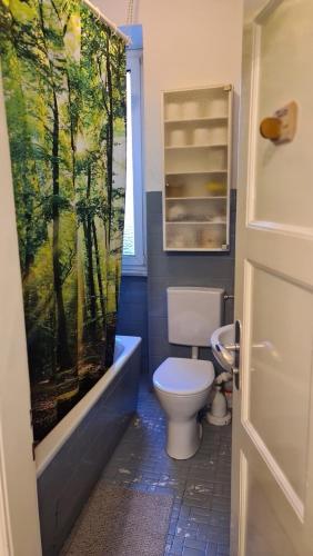 a bathroom with a toilet and a shower curtain at Gemütliches Zimmer in einer Altbauwohnung in der Stadt in Würzburg