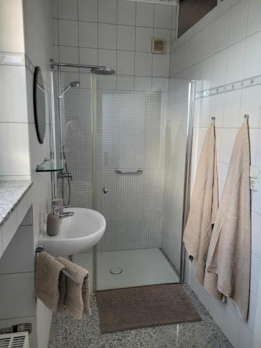ein Bad mit einer Dusche und einem Waschbecken in der Unterkunft Wunderschönes 4 Zimmer Altbau Apartment mit Terrasse und Patio in Wuppertal