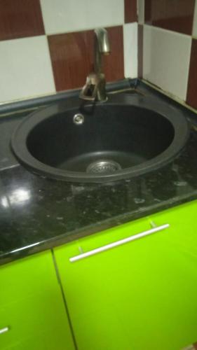 um lavatório numa casa de banho com um armário verde em Бастау em Almaty
