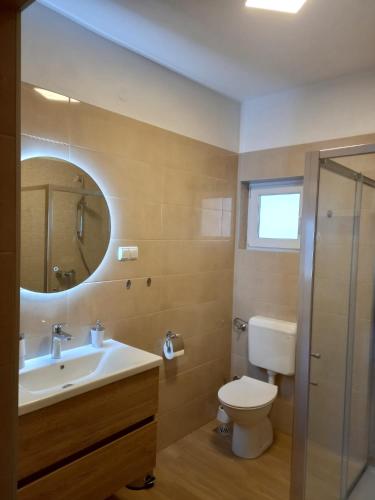 a bathroom with a sink and a toilet and a mirror at Apartman Jadranka in Rab