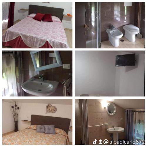 a collage of four pictures of a bedroom and a bathroom at AFFITTACAMERE DAL TRAMONTO ALL'ALBA in Montesano Scalo