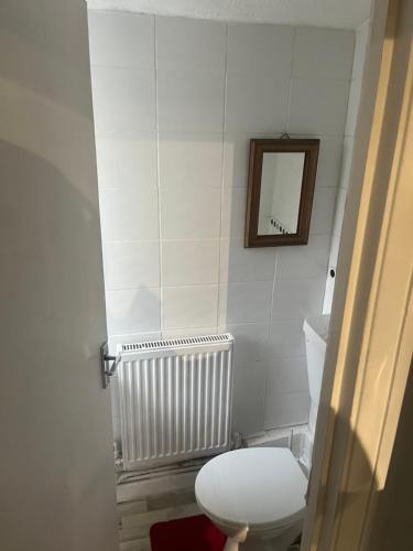 a bathroom with a white toilet and a mirror at Sweet dream in London