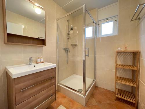 een badkamer met een douche en een wastafel bij Watervilla de IJsvogel by Droomvilla in Langweer