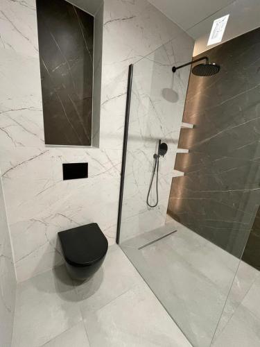 a bathroom with a shower and a black toilet at MYSTAY BERLIN Müggelheim in Berlin