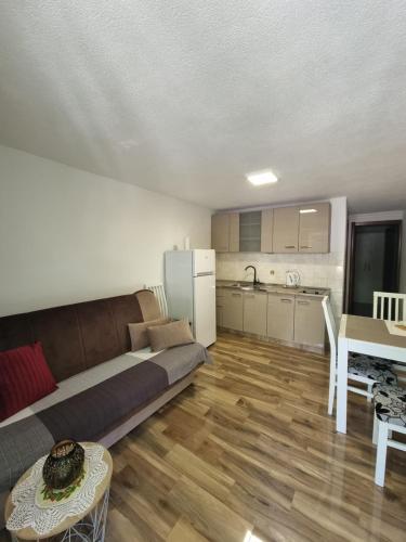 ein Wohnzimmer mit einem Sofa und einem Tisch in der Unterkunft Apartments Ljubica Tivat in Tivat