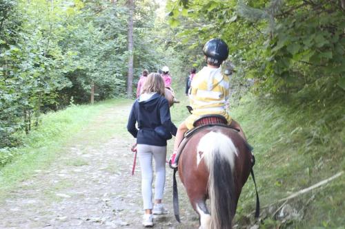 a child is riding on a horse on a trail at Chalet in pietra in Antey-Saint-André