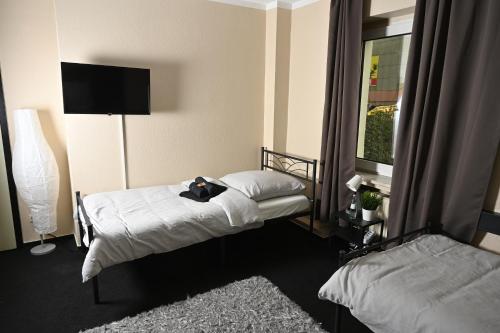 a hotel room with two beds and a television at Pott Hostel - Zimmervermietung in Essen