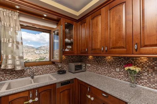 a kitchen with wooden cabinets and a window and a sink at Gavriella House in Mélanes