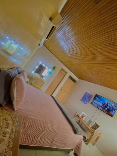 a bedroom with a bed with a pink comforter at Valle Suites, la Mejor Ubicación in Valledupar