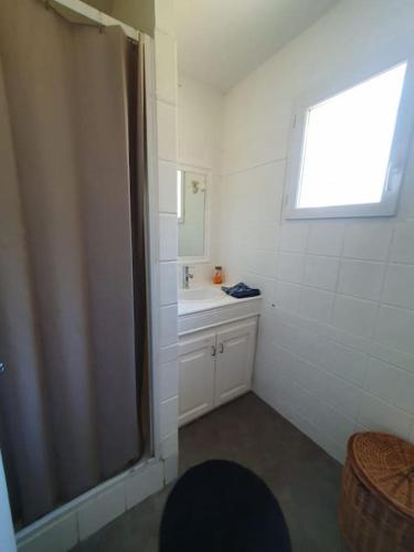 une salle de bain avec une douche et un lavabo et une fenêtre dans l'établissement Belle villa proche Uzès, à Vallabrix