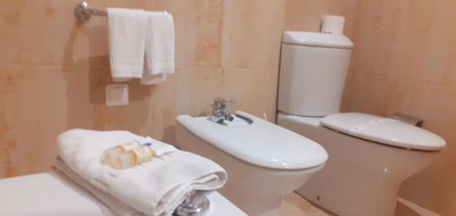 a bathroom with a white toilet and a sink at Hotel Santa Cruz in Santa Cruz