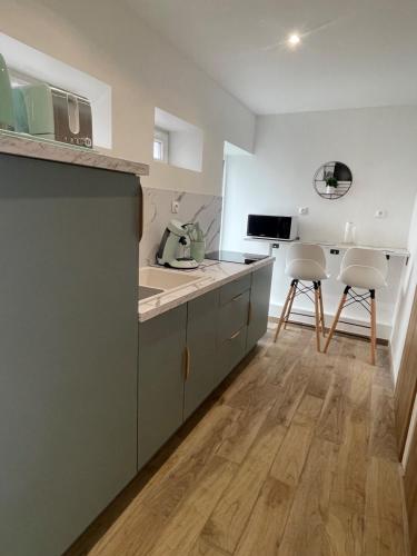 une cuisine avec un évier et un plan de travail dans l'établissement Studio entre mer et centre-ville, à Dunkerque