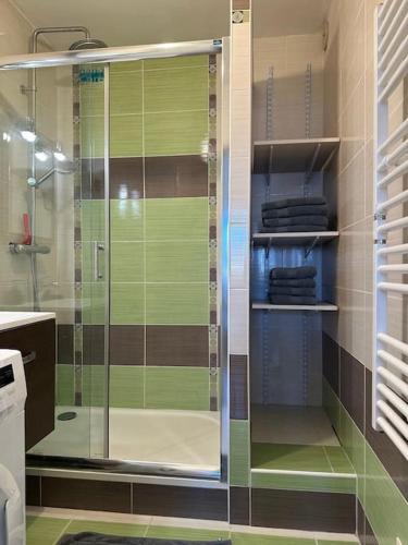 La salle de bains est pourvue d'une douche avec une porte en verre. dans l'établissement T2 à Vigneux sur seine,, à Vigneux-sur-Seine