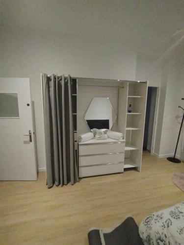 une chambre avec une armoire avec un chat assis sur elle dans l'établissement Hotel particulier jazs, à Cambrai