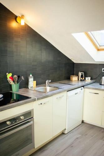 a kitchen with white cabinets and a sink at Doux cocon - Grand studio de douceurs in Albertville