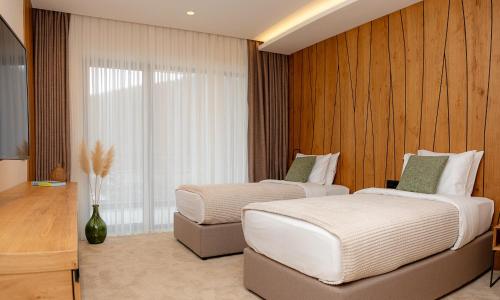 a bedroom with two beds and a tv at Hotel Biogor Wellness & Spa in Sisevac