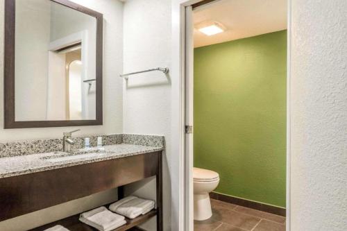 a bathroom with a toilet and a sink with a mirror at Travel Inn-Flowood in Flowood