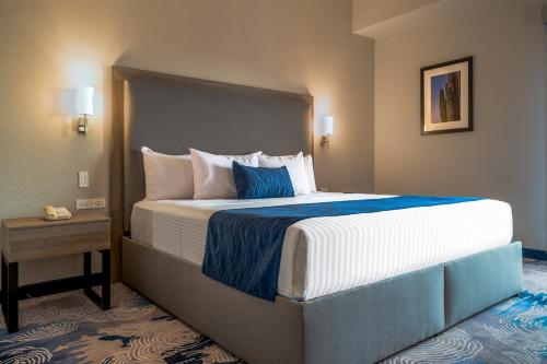 a bedroom with a large bed with blue and white pillows at Comfort Inn Hermosillo Aeropuerto in Hermosillo