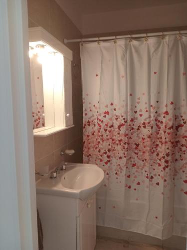 een badkamer met een douchegordijn met rode harten bij Universo Boca. in Buenos Aires