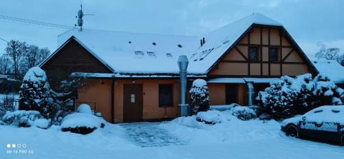 a house covered in snow with at Penzion U Kata in Bruntál