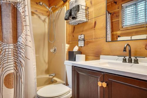 Un baño con inodoro, lavabo y espejo. en Sautee Nacoochee Mtn Paradise with Spacious Deck!, en Sautee Nacoochee