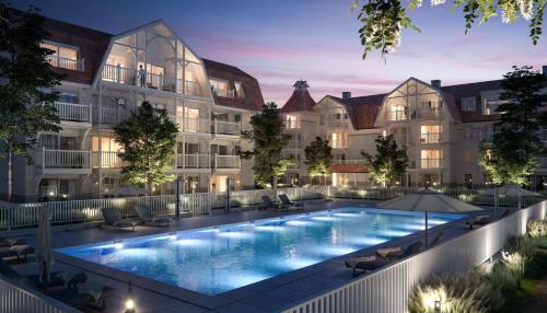 un artiste représentant l'extérieur d'un bâtiment avec piscine dans l'établissement Vagues d'Opale, à Camiers