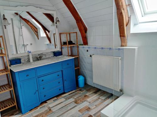 baño con armario azul y lavamanos en Maison d'Hôtes à Saint Nectaire Chez MamBillig, en Saint-Nectaire