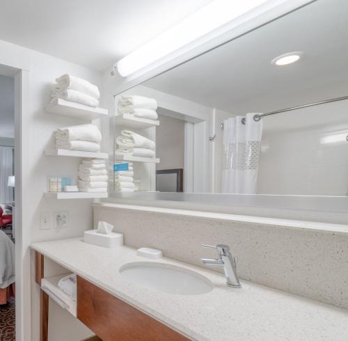 a bathroom with a sink and a large mirror at Hampton Inn Frostburg in Frostburg