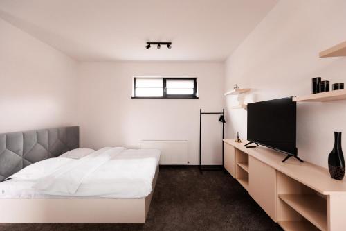 a bedroom with a bed and a flat screen tv at Zenstay ApartHotel in Topliţa