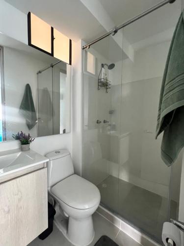 een badkamer met een toilet en een glazen douche bij Hermoso Apartamento moderno y vacacional in Ricaurte