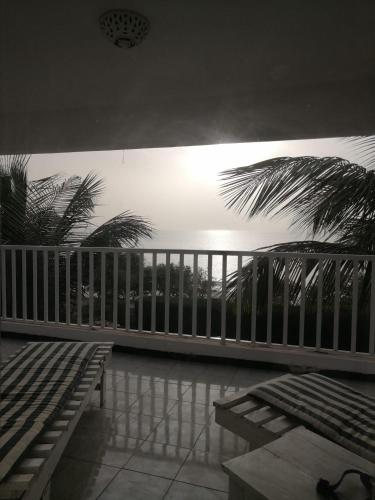 a balcony with benches and a fence and palm trees at la villa sur la plage in Palmarin