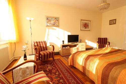 1 dormitorio con 1 cama, 2 sillas y TV en Charming Apartment, en Budapest