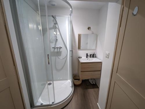 y baño con ducha y lavamanos. en Gîte Bourmont-entre-Meuse-et-Mouzon-Bourmont, 4 pièces, 6 personnes - FR-1-611-96, en Bourmont