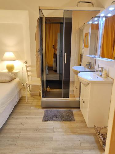 une salle de bain avec une douche et deux lavabos et un lit dans l'établissement 'Petite-maison' à droite Vieux port PALAIS - 3 ou 4 CH - 4 TV - 3 SDD - 2 wc indpdts - FIBRE - Pkgs, à Cannes