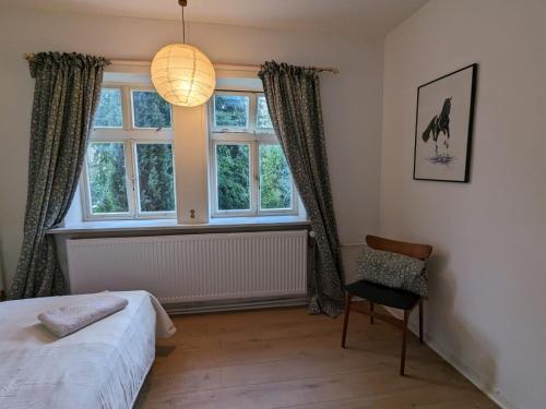 1 dormitorio con 1 cama, 1 silla y 1 ventana en „Altes Forsthaus“ am Schloss, en Uelzen