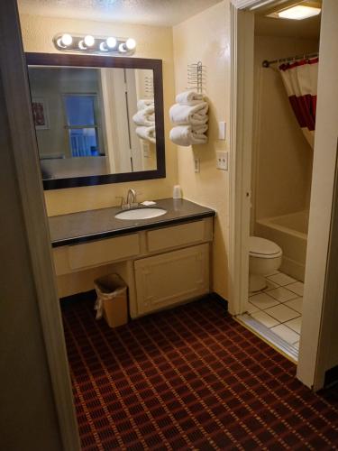 76 Family Inn في برانسون: حمام مع حوض ومرحاض ومرآة